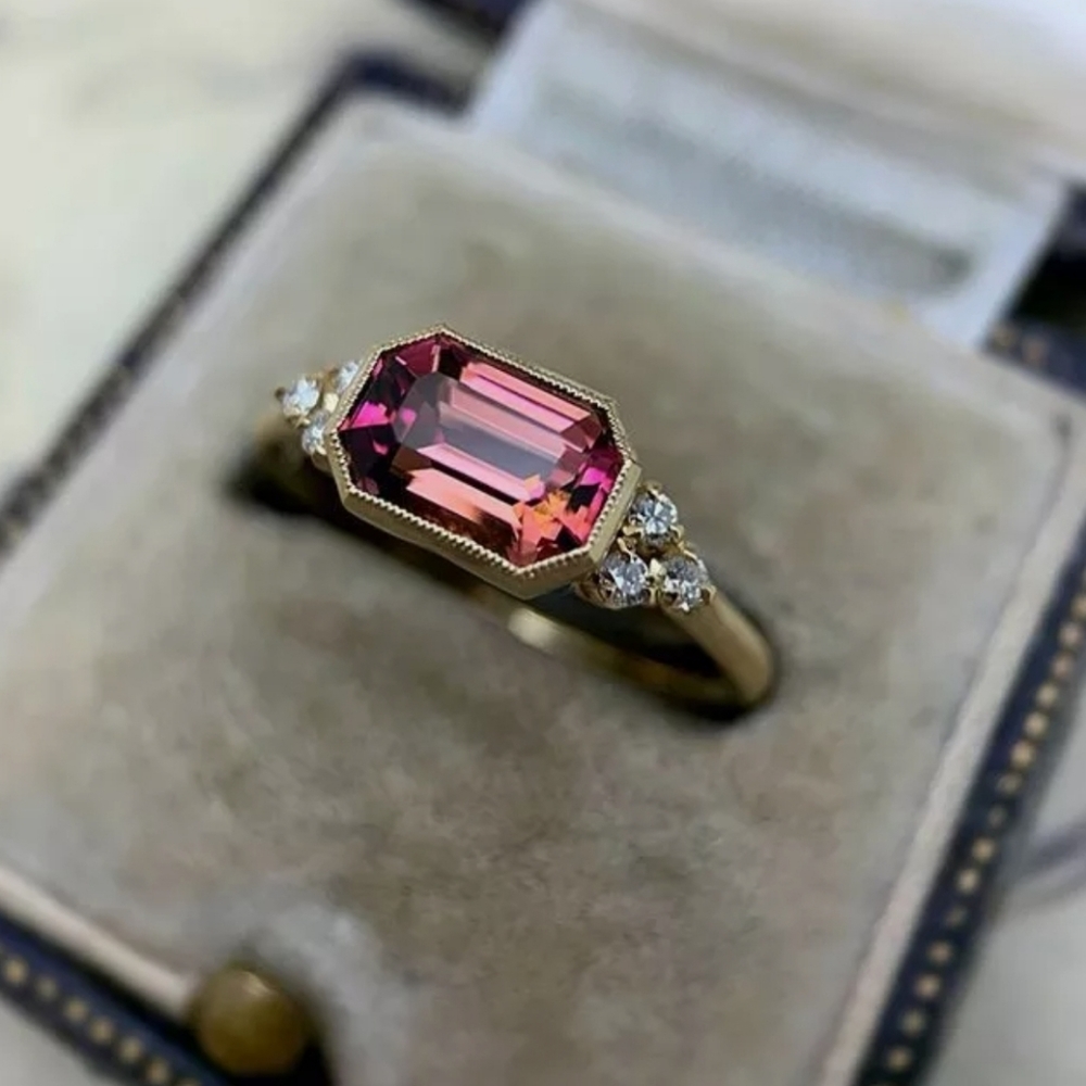 Ruby Ring w/ White Topazes, 14K Gold Plating